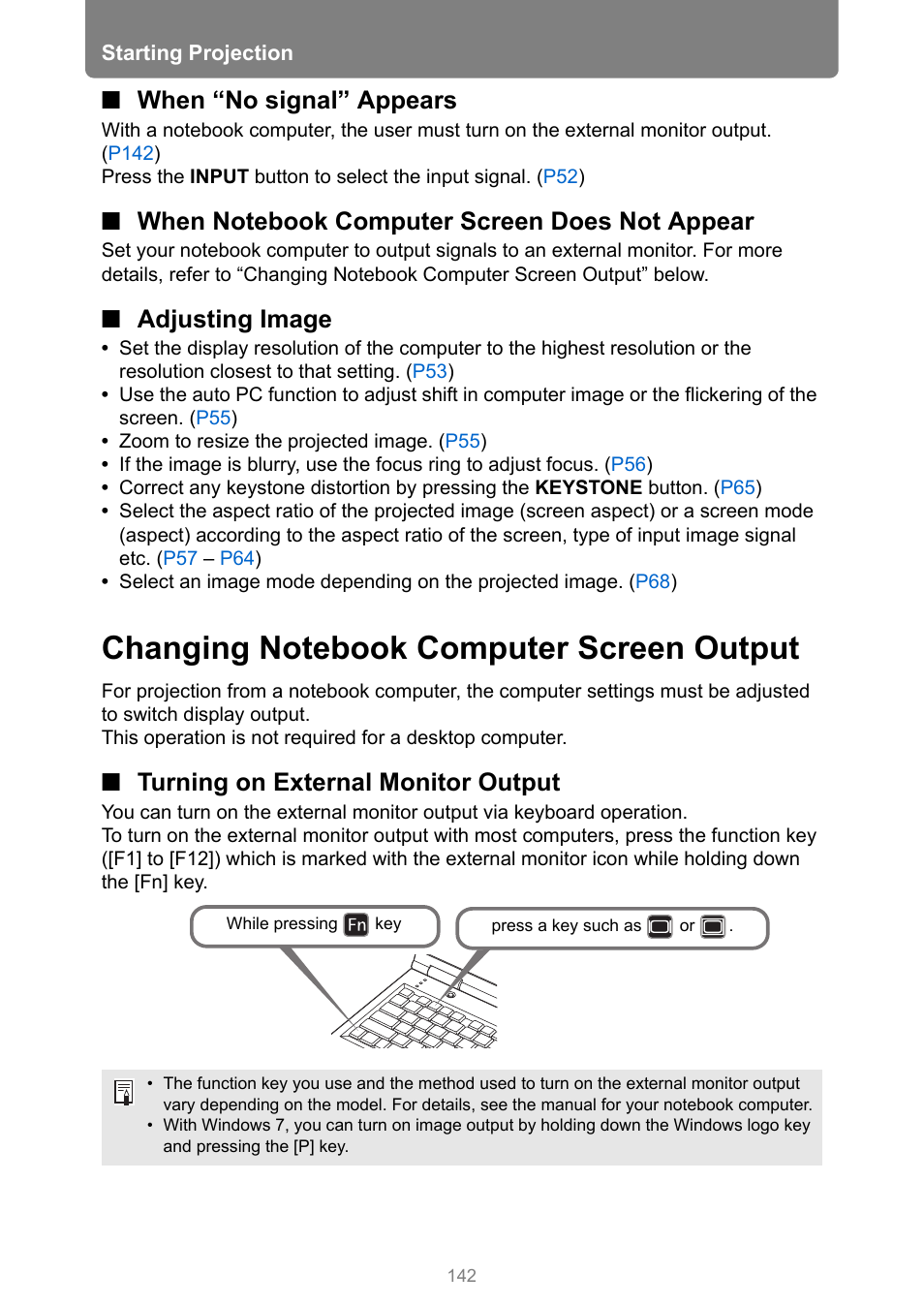 When “no signal” appears, When notebook computer screen does not appear, Adjusting image | Changing notebook computer screen output, Turning on external monitor output | Canon XEED WUX450 User Manual | Page 142 / 308