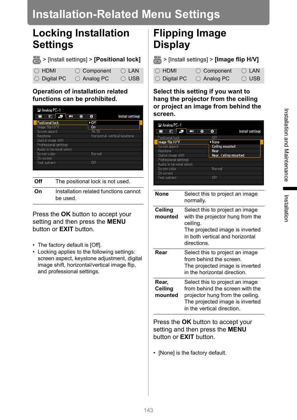Installation-related menu settings, Locking installation settings, Flipping image display | Flip h/v] from the menu, P143, Screen aspect | Canon XEED WUX450 User Manual | Page 143 / 308