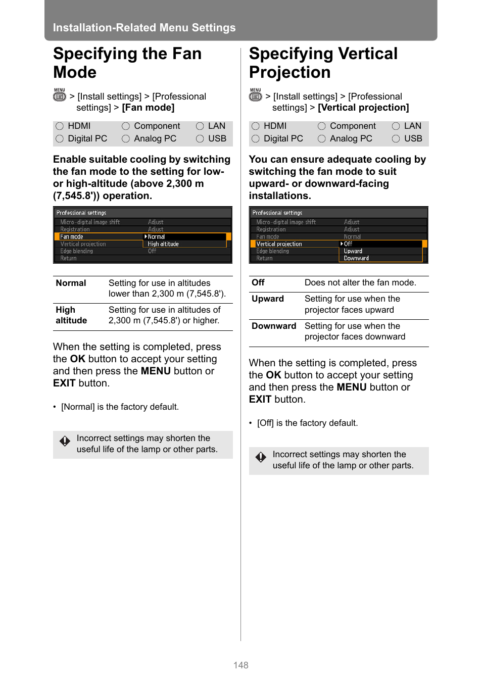 Specifying the fan mode, Specifying vertical projection, P148 | In the [inst | Canon XEED WUX450 User Manual | Page 148 / 308