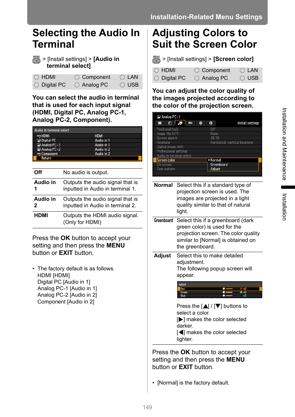 Selecting the audio in terminal, Adjusting colors to suit the screen color, P149 | Canon XEED WUX450 User Manual | Page 149 / 308