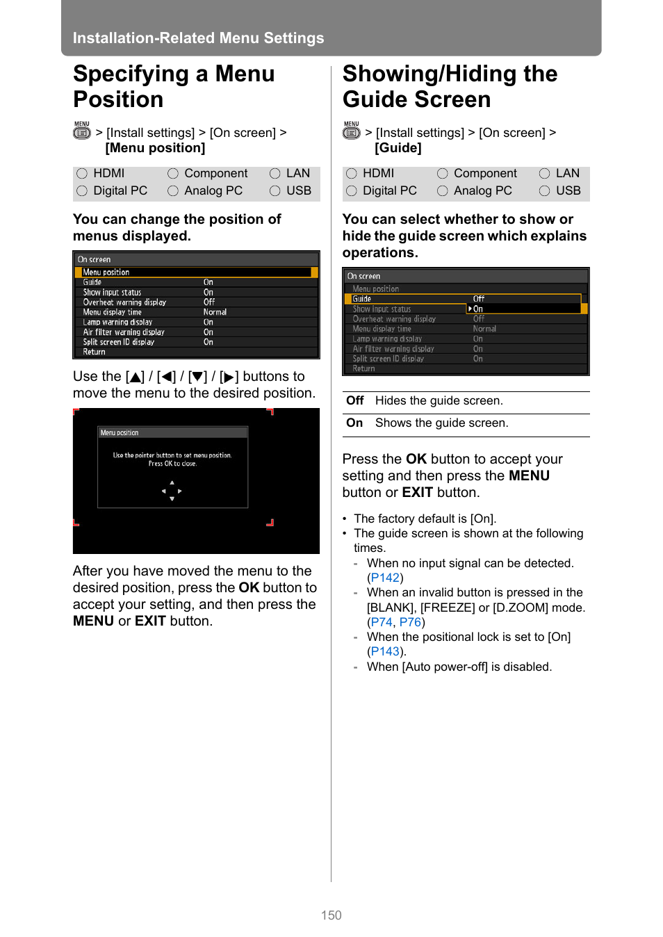Specifying a menu position, Showing/hiding the guide screen, P150 | Sition | Canon XEED WUX450 User Manual | Page 150 / 308
