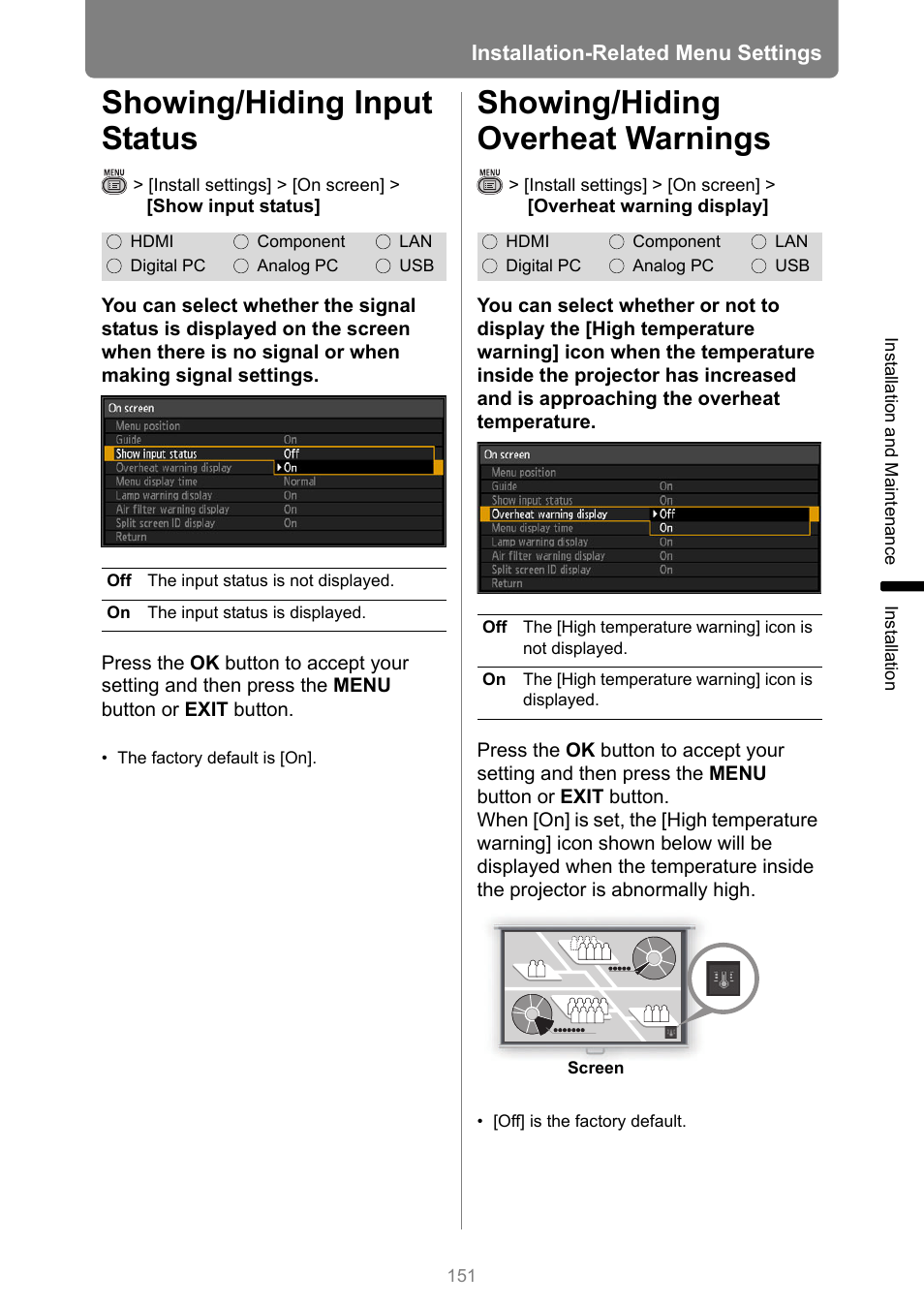 Showing/hiding input status, Showing/hiding overheat warnings | Canon XEED WUX450 User Manual | Page 151 / 308