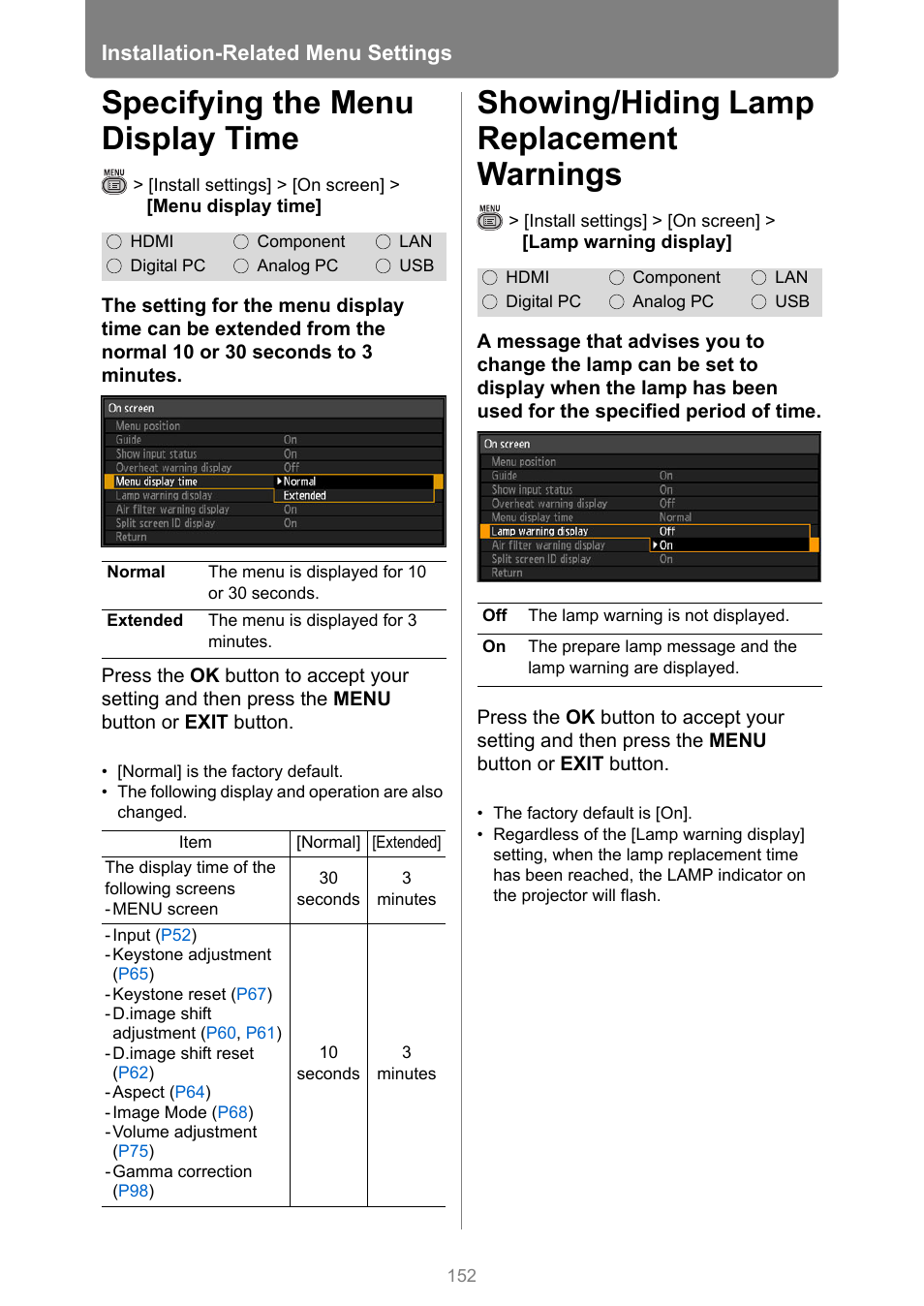 Specifying the menu display time, Showing/hiding lamp replacement warnings, Installation-related menu settings | Canon XEED WUX450 User Manual | Page 152 / 308