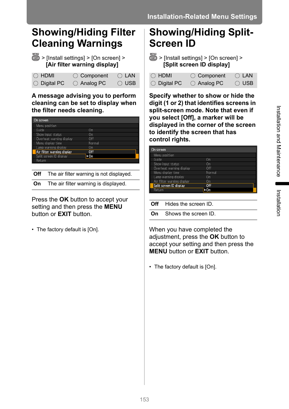 Showing/hiding filter cleaning warnings, Showing/hiding split- screen id, Showing/hiding split-screen id | Canon XEED WUX450 User Manual | Page 153 / 308