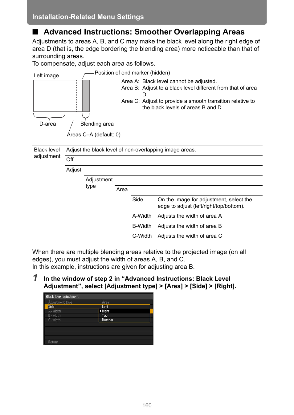 Advanced instructions: smoother overlapping areas, Installation-related menu settings | Canon XEED WUX450 User Manual | Page 160 / 308
