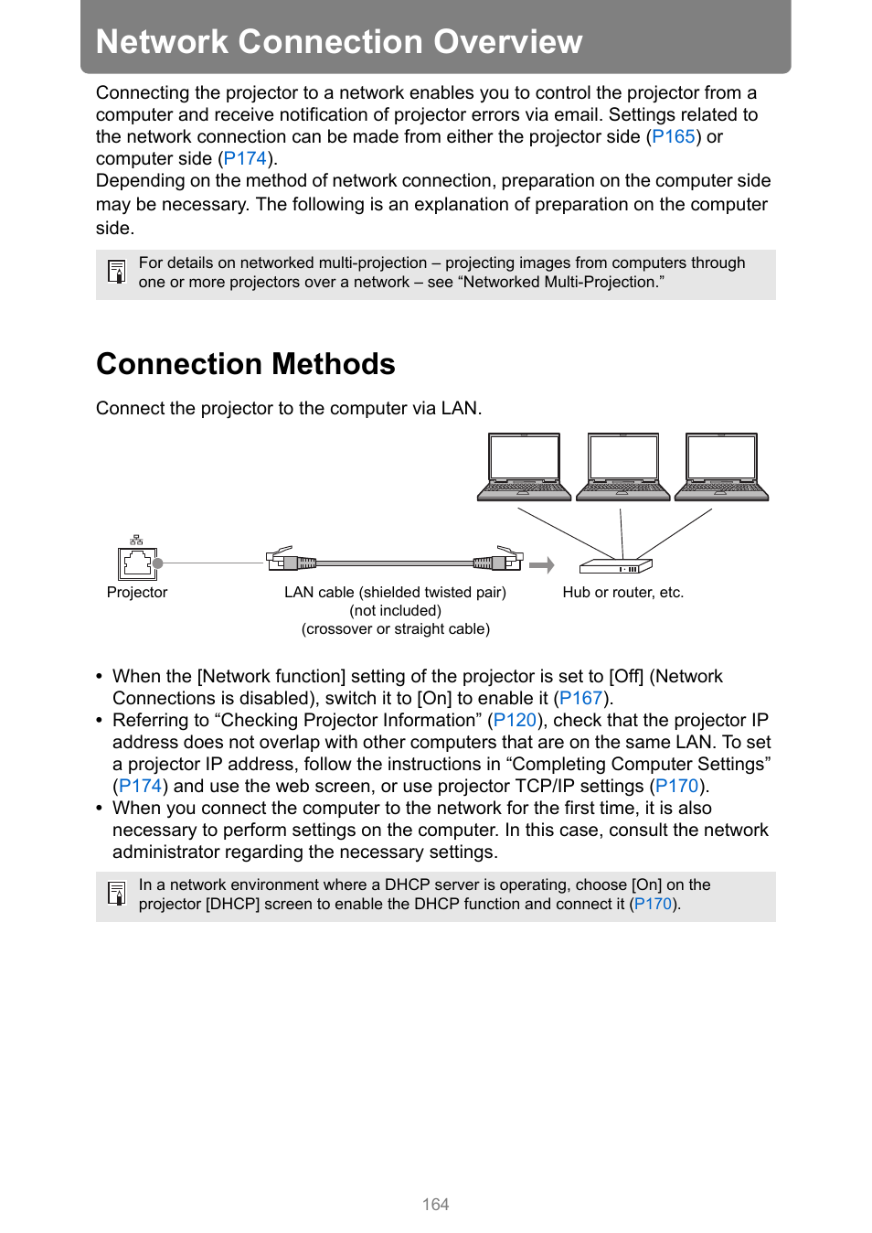 Network connection overview, Connection methods, P164 | Canon XEED WUX450 User Manual | Page 164 / 308
