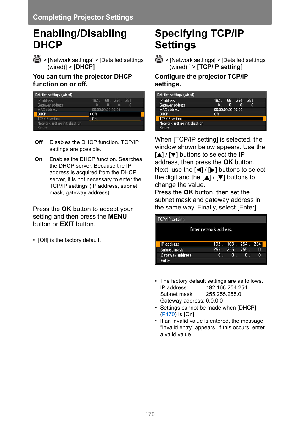 Enabling/disabling dhcp, Specifying tcp/ip settings, P170 | T it | Canon XEED WUX450 User Manual | Page 170 / 308