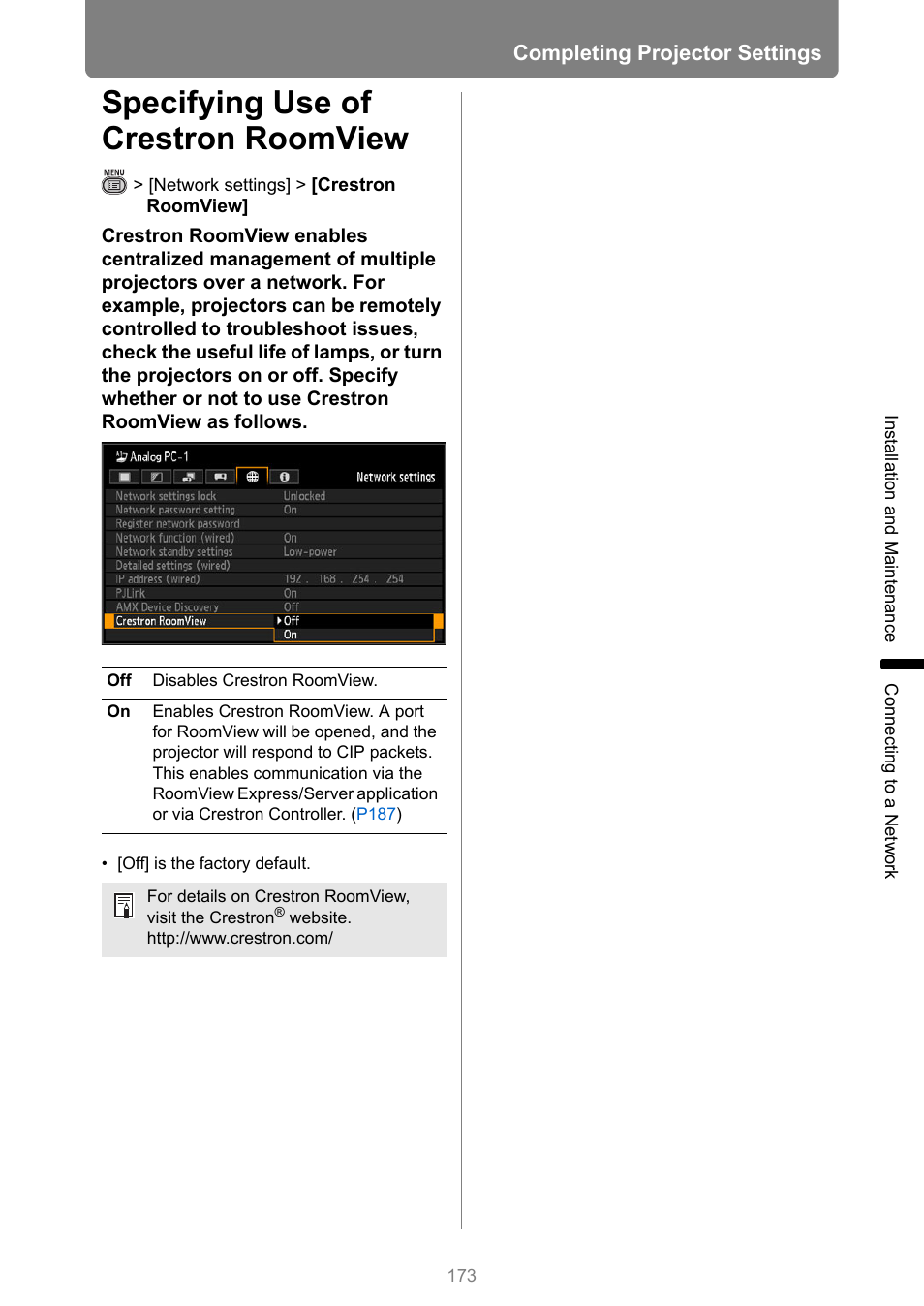 Specifying use of crestron roomview | Canon XEED WUX450 User Manual | Page 173 / 308