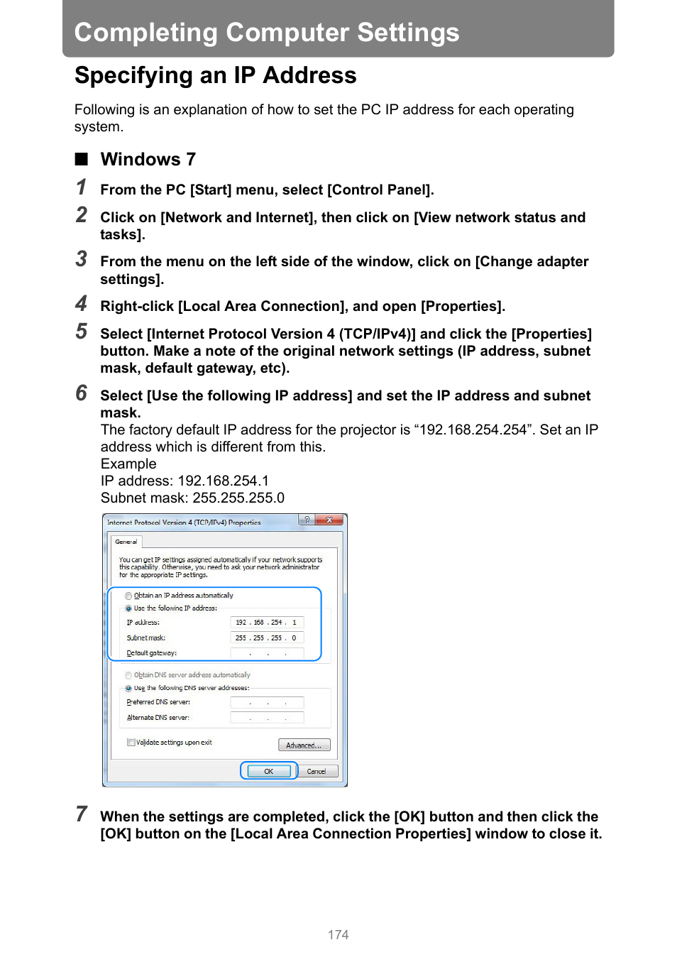 Completing computer settings, Specifying an ip address, Windows 7 | P174, Ions in “completing computer settings | Canon XEED WUX450 User Manual | Page 174 / 308