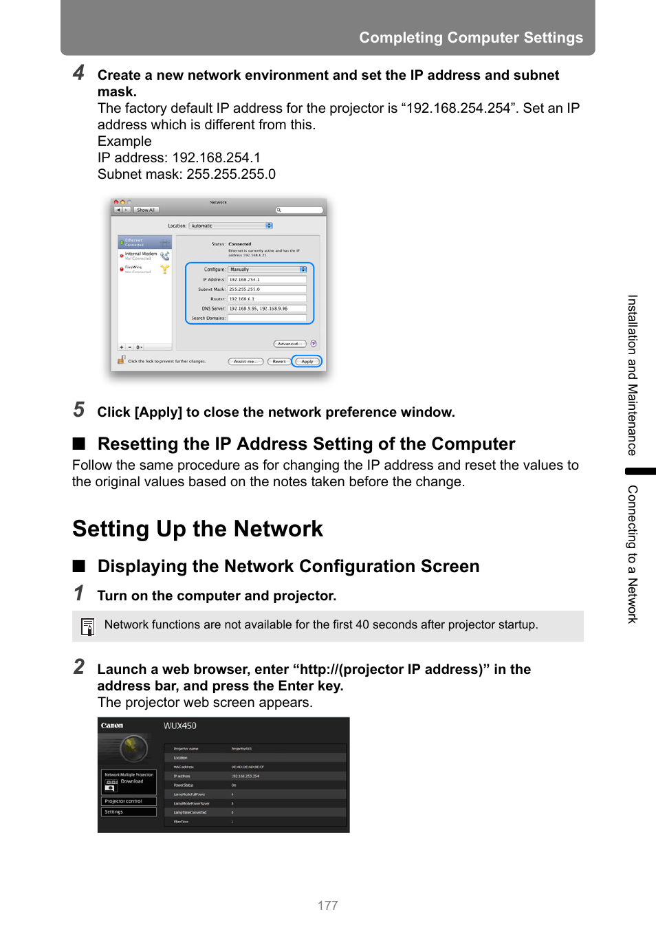 Resetting the ip address setting of the computer, Setting up the network, Displaying the network configuration screen | Canon XEED WUX450 User Manual | Page 177 / 308