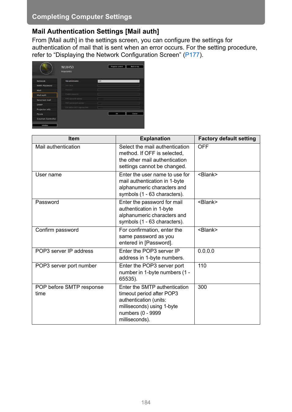 Completing computer settings, Mail authentication settings [mail auth | Canon XEED WUX450 User Manual | Page 184 / 308