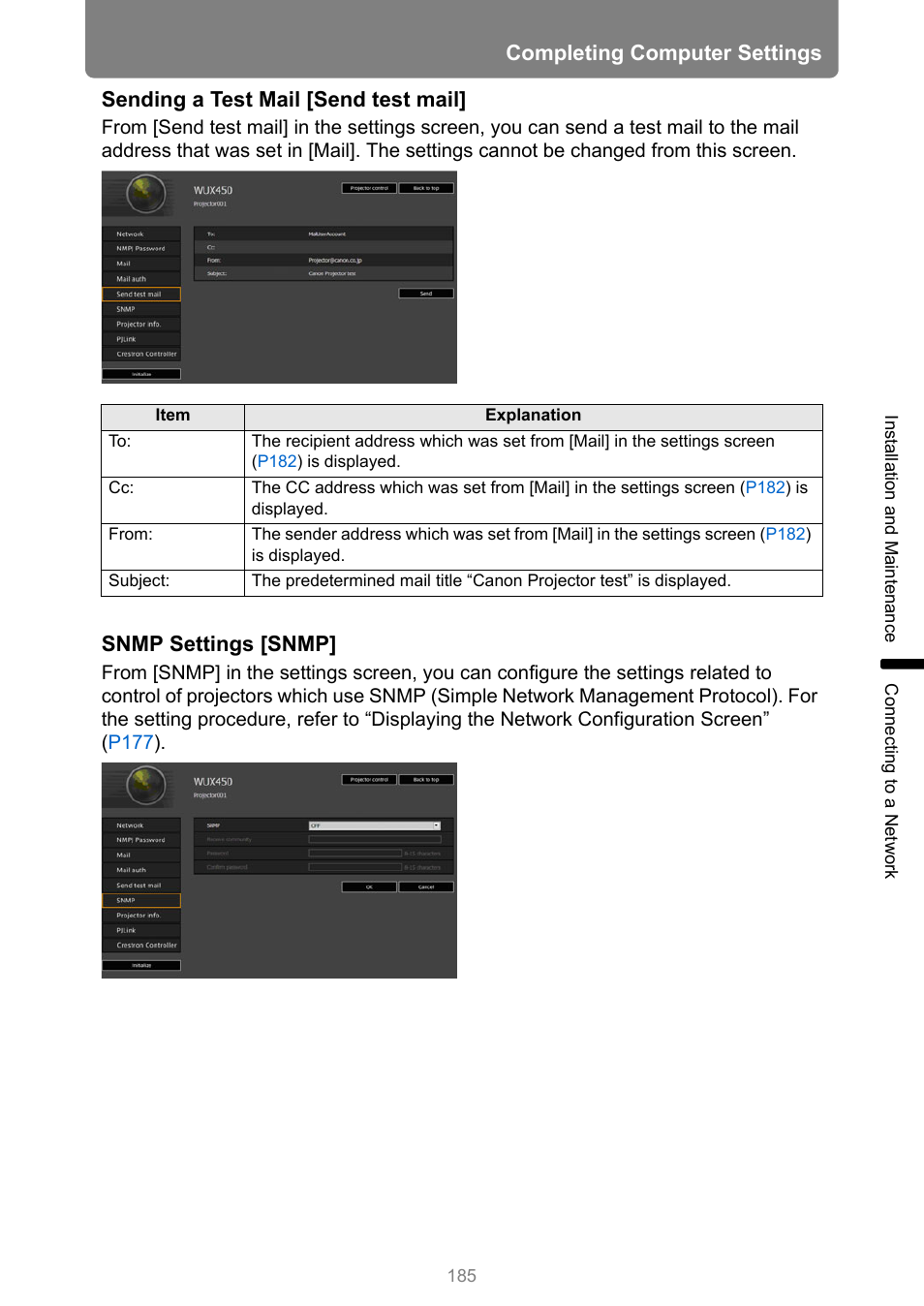 Completing computer settings, Sending a test mail [send test mail, Snmp settings [snmp | Canon XEED WUX450 User Manual | Page 185 / 308
