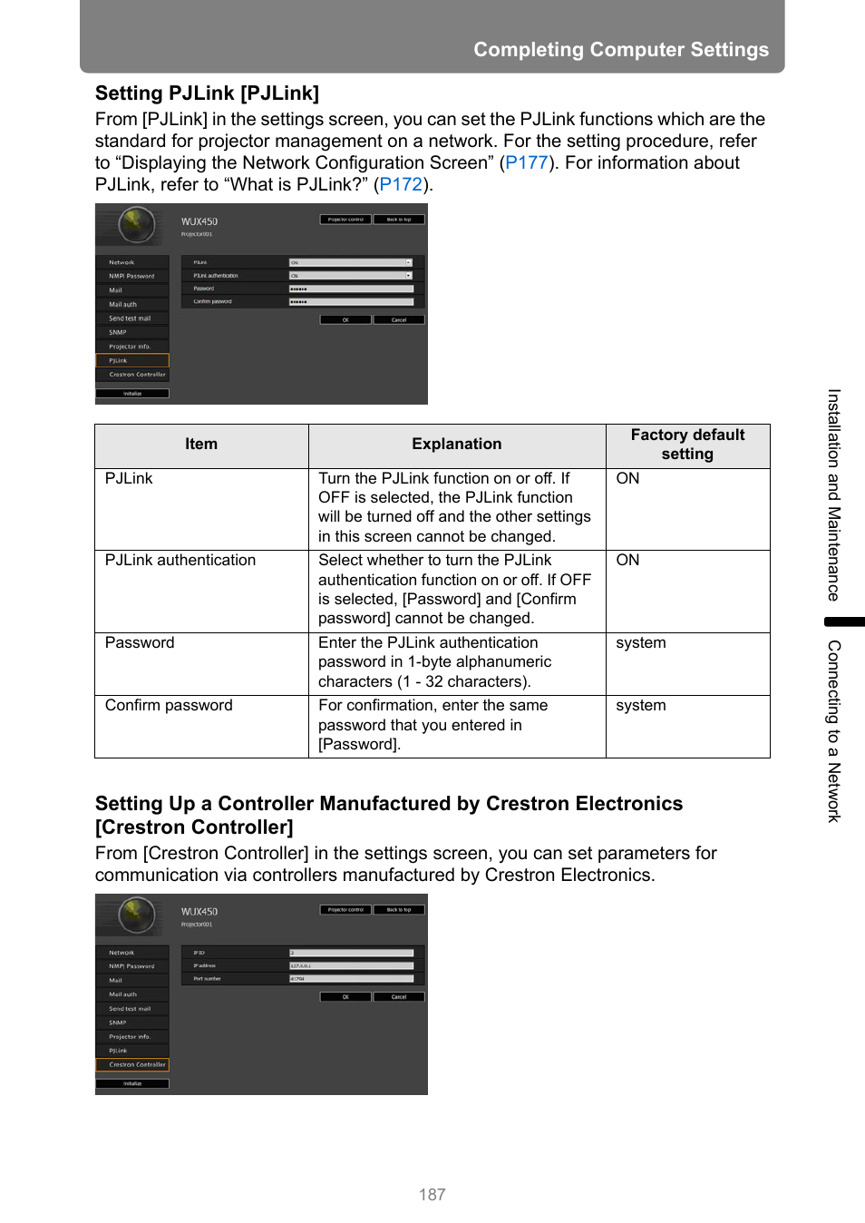 Completing computer settings, Setting pjlink [pjlink | Canon XEED WUX450 User Manual | Page 187 / 308