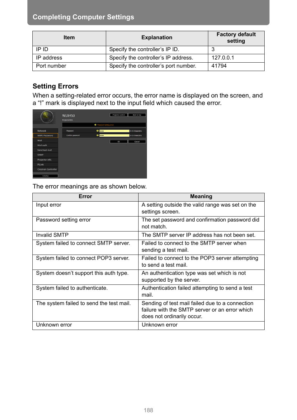 Completing computer settings, Setting errors | Canon XEED WUX450 User Manual | Page 188 / 308