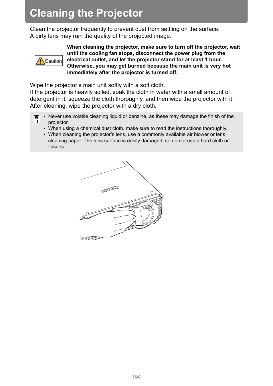 Cleaning the projector | Canon XEED WUX450 User Manual | Page 194 / 308