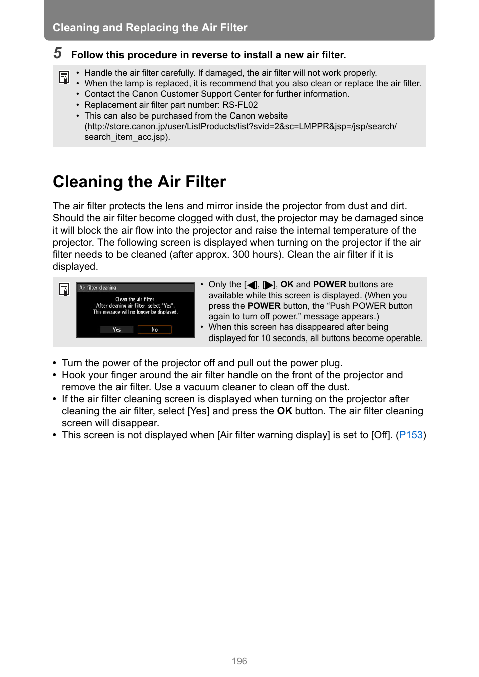 Cleaning the air filter | Canon XEED WUX450 User Manual | Page 196 / 308