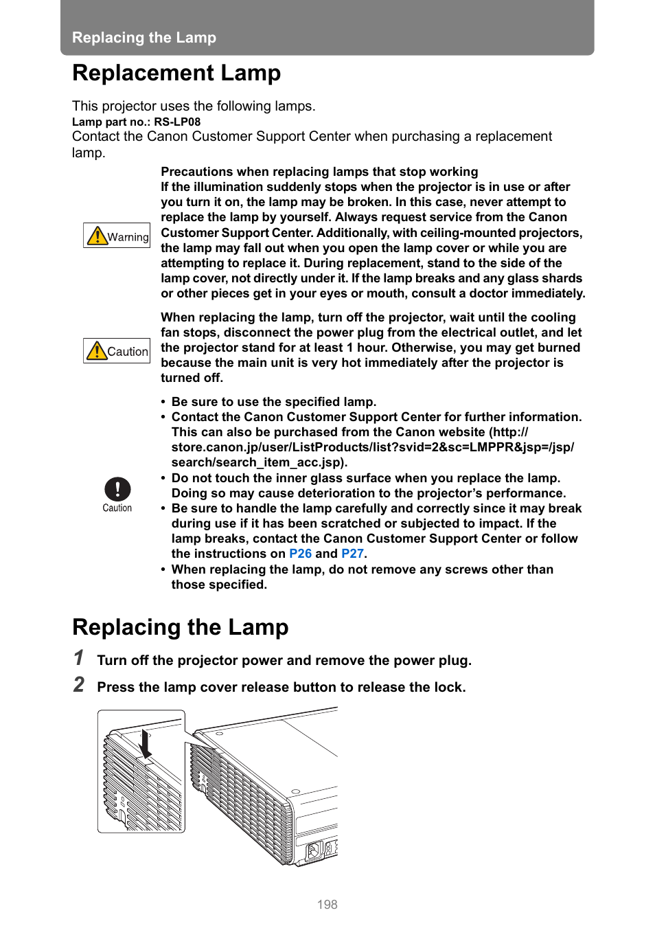 Replacement lamp, Replacing the lamp | Canon XEED WUX450 User Manual | Page 198 / 308