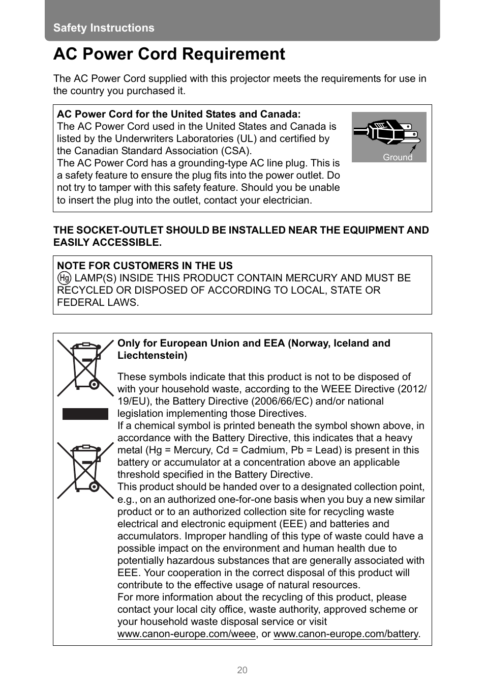 Ac power cord requirement | Canon XEED WUX450 User Manual | Page 20 / 308
