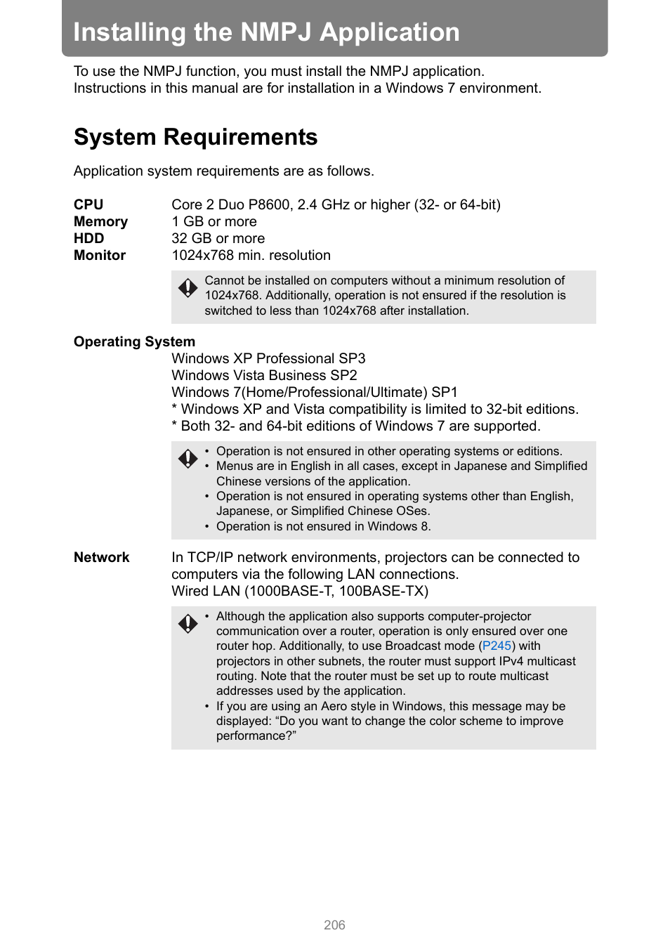 Installing the nmpj application, System requirements | Canon XEED WUX450 User Manual | Page 206 / 308