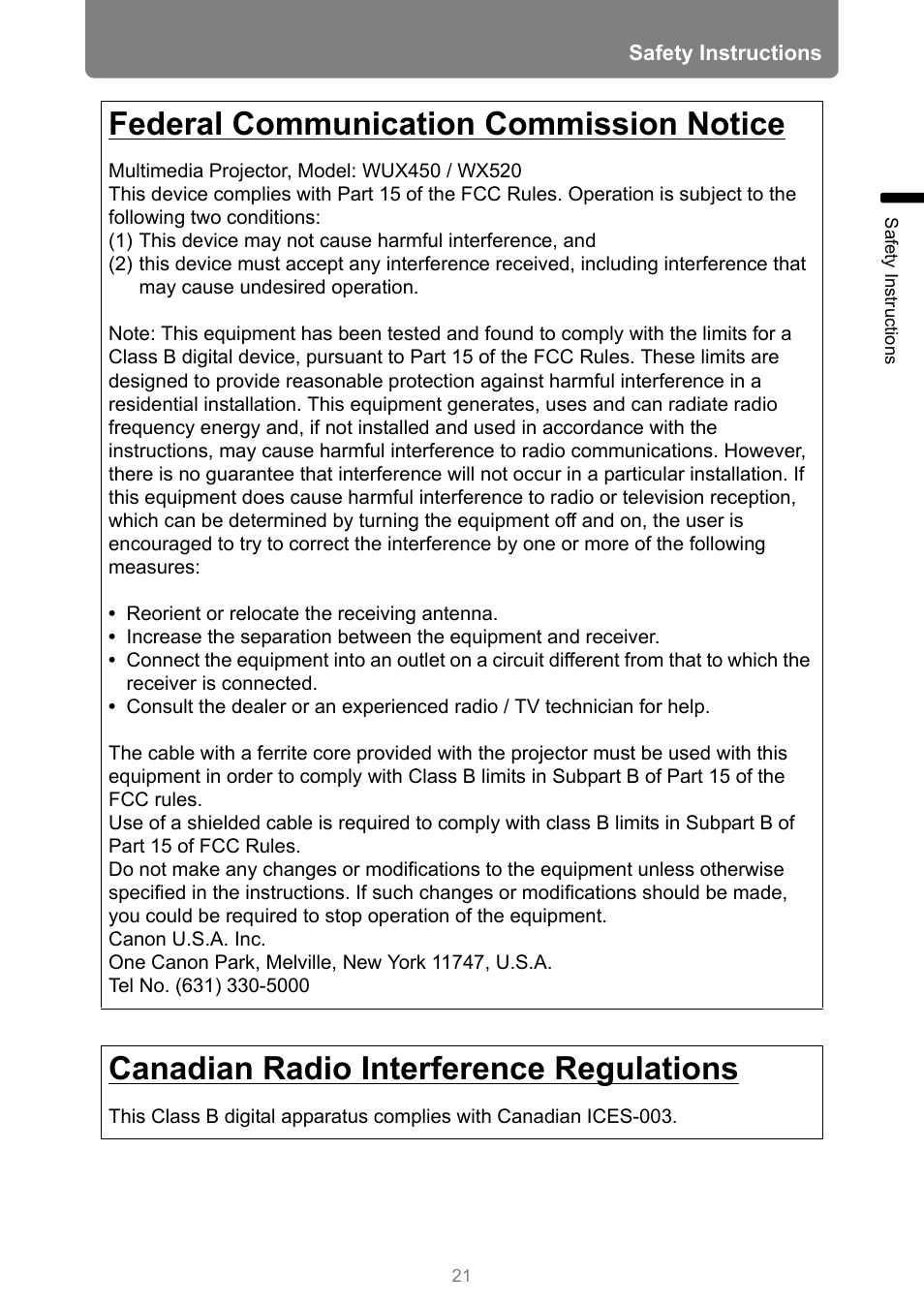 Federal communication commission notice, Canadian radio interference regulations | Canon XEED WUX450 User Manual | Page 21 / 308