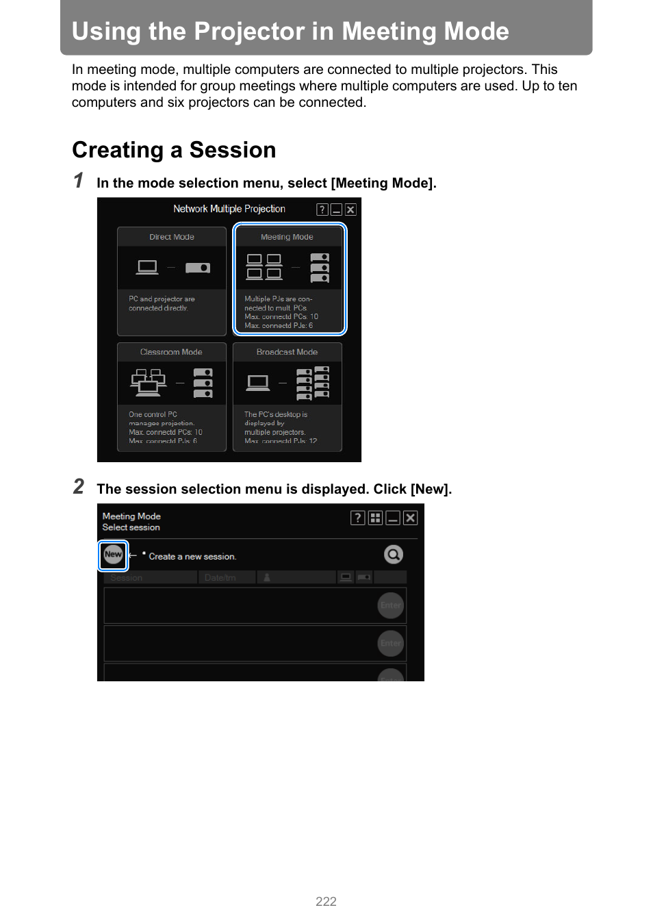 Using the projector in meeting mode, Creating a session | Canon XEED WUX450 User Manual | Page 222 / 308