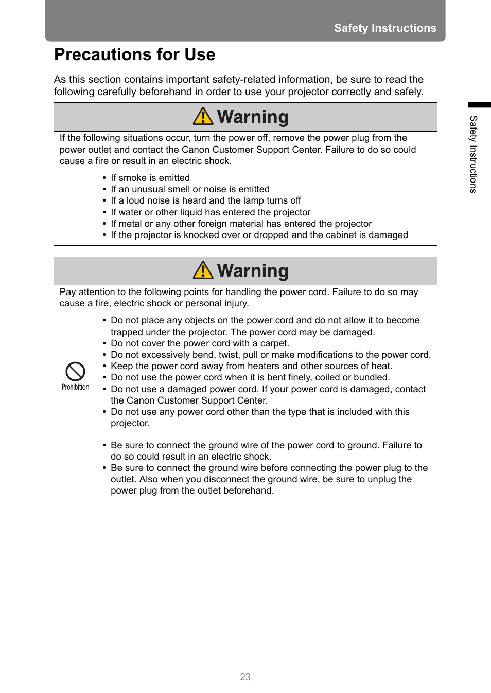 Precautions for use | Canon XEED WUX450 User Manual | Page 23 / 308