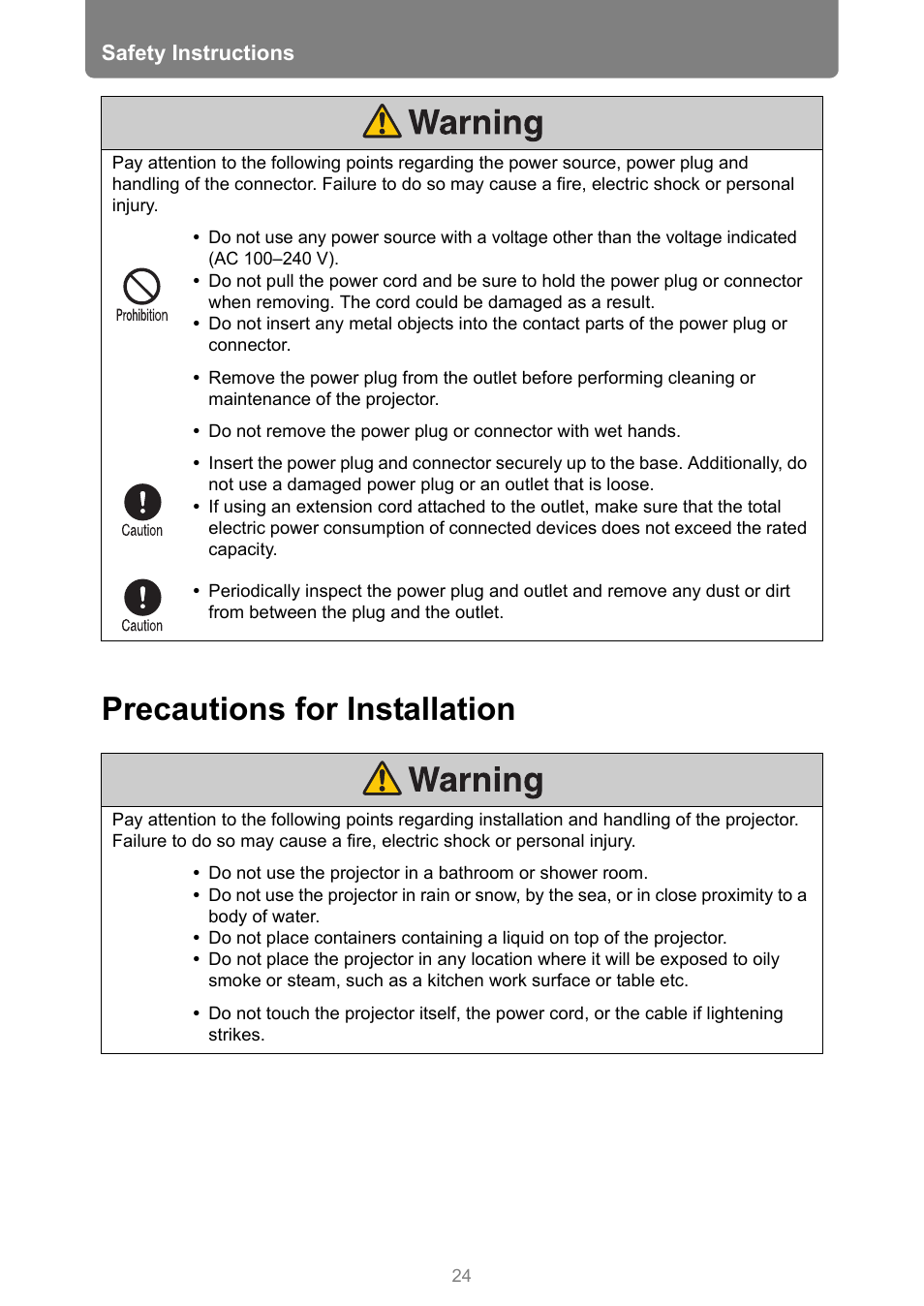 Precautions for installation | Canon XEED WUX450 User Manual | Page 24 / 308
