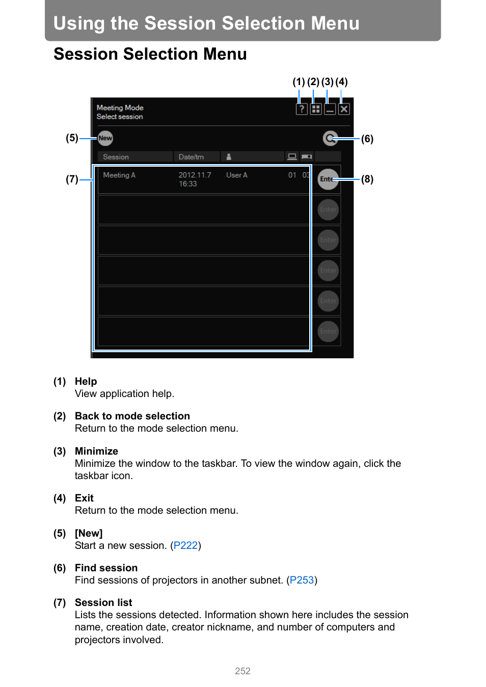 Using the session selection menu, Session selection menu | Canon XEED WUX450 User Manual | Page 252 / 308