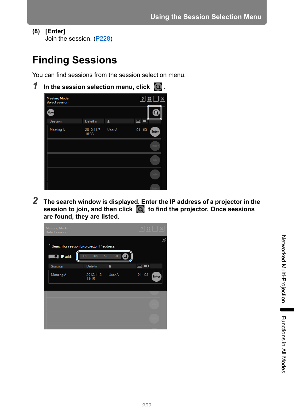 Finding sessions | Canon XEED WUX450 User Manual | Page 253 / 308