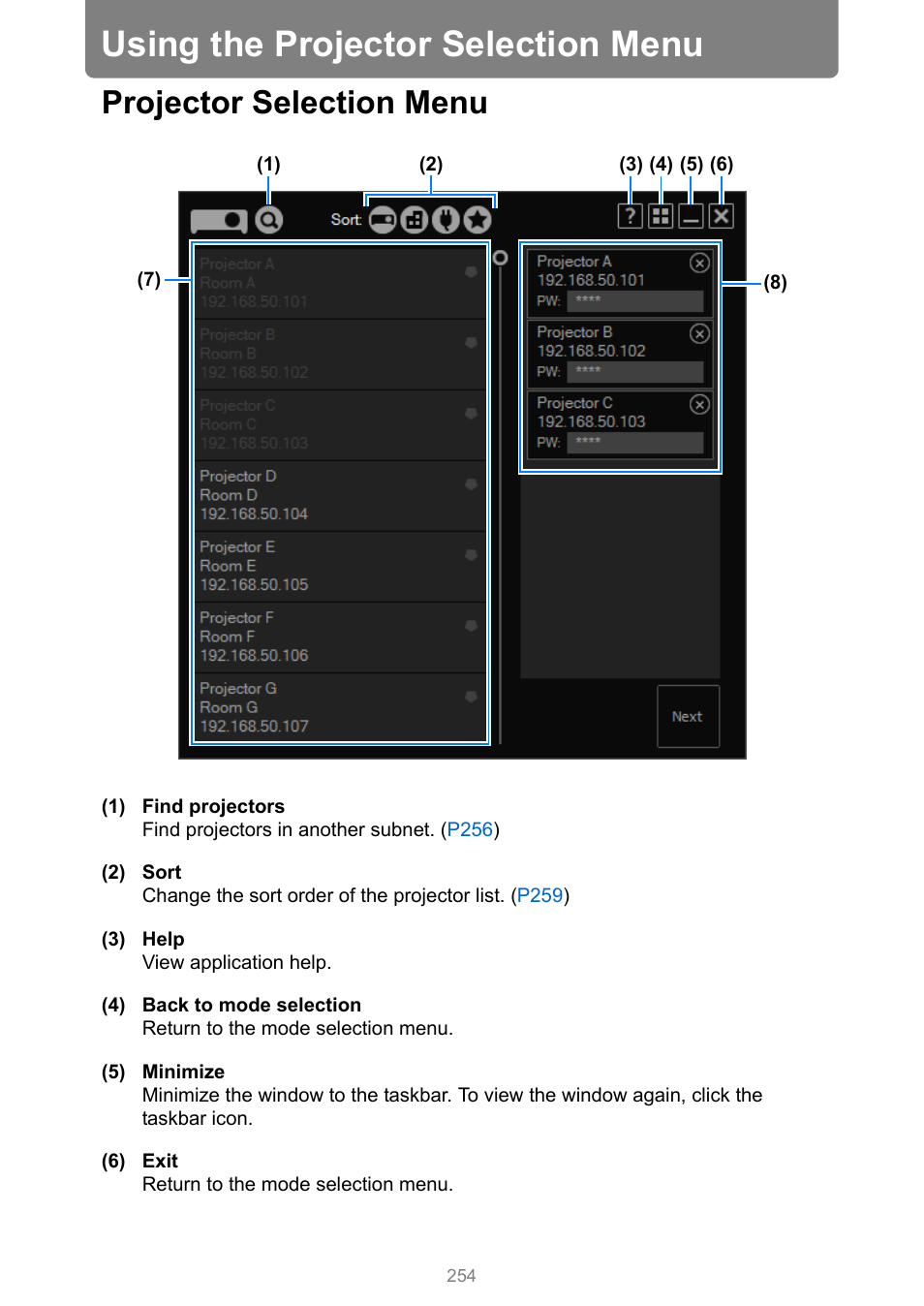 Using the projector selection menu, Projector selection menu, Nu, refer to “using the projector selection menu | P254, R to “using the projector selection, Menu | Canon XEED WUX450 User Manual | Page 254 / 308