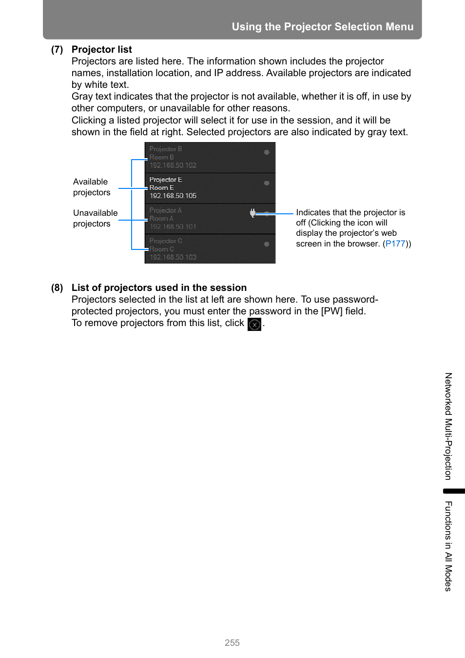 Using the projector selection menu | Canon XEED WUX450 User Manual | Page 255 / 308