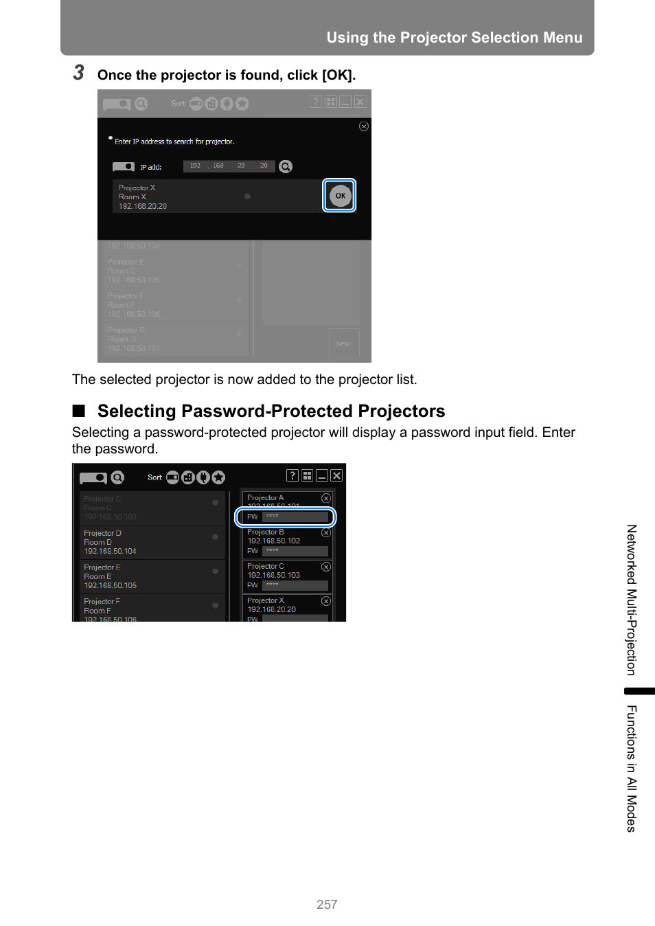Selecting password-protected projectors | Canon XEED WUX450 User Manual | Page 257 / 308