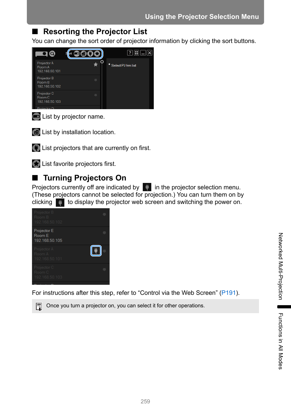 Resorting the projector list, Turning projectors on | Canon XEED WUX450 User Manual | Page 259 / 308