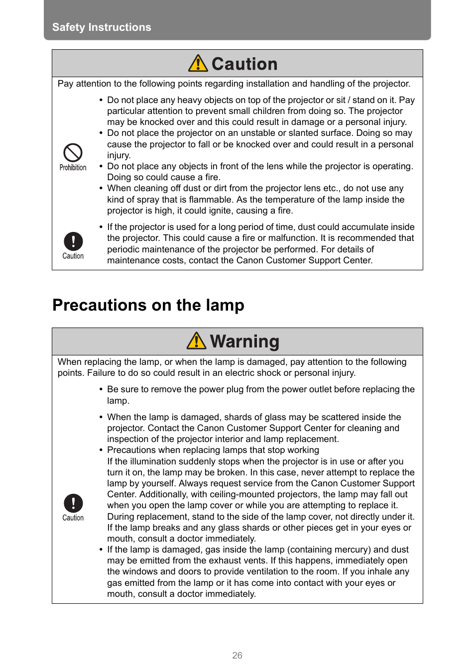 Precautions on the lamp | Canon XEED WUX450 User Manual | Page 26 / 308