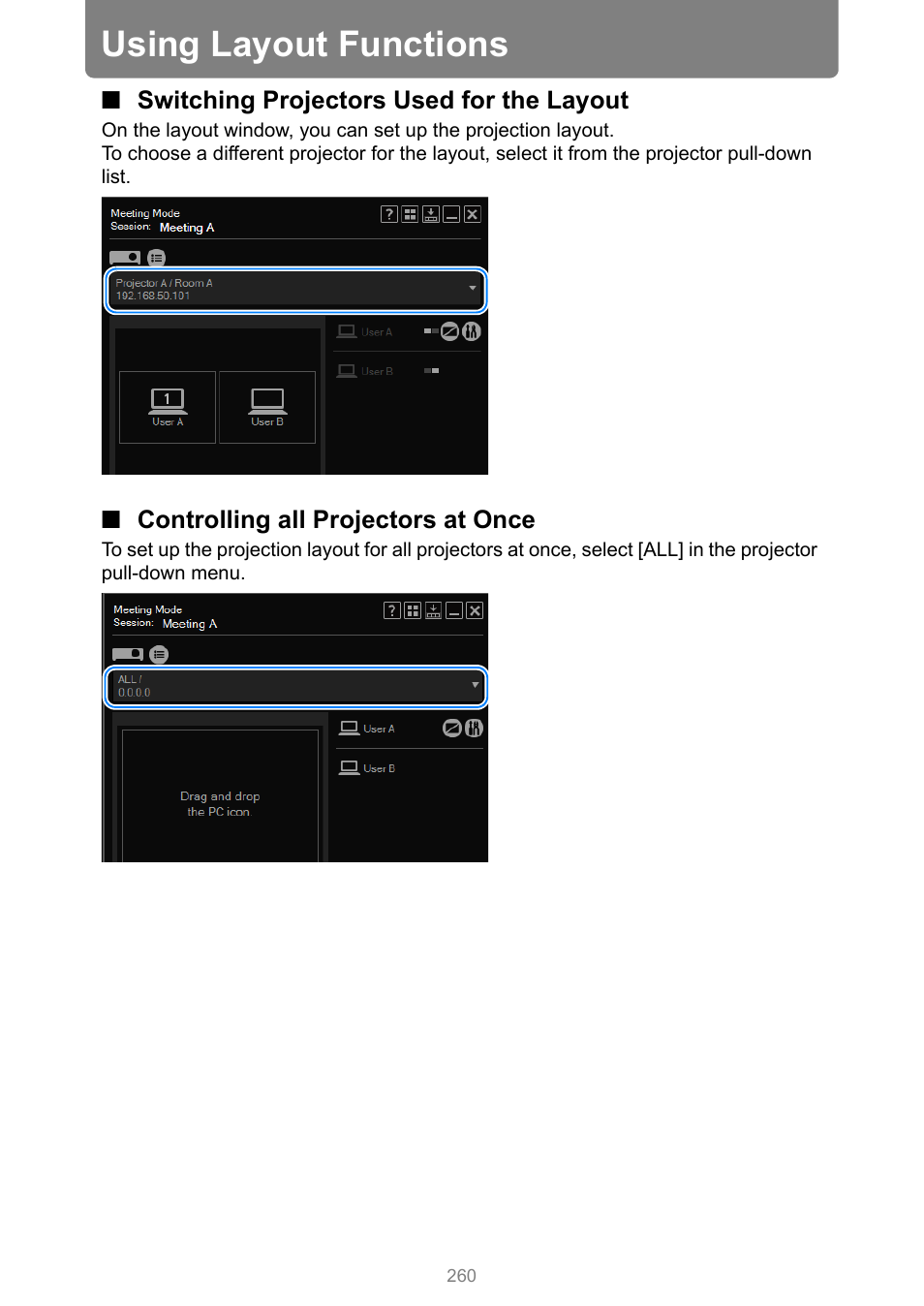Using layout functions, Switching projectors used for the layout, Controlling all projectors at once | Canon XEED WUX450 User Manual | Page 260 / 308