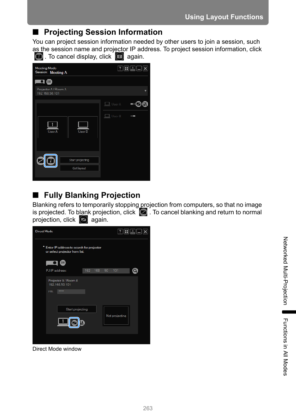 Projecting session information, Fully blanking projection | Canon XEED WUX450 User Manual | Page 263 / 308