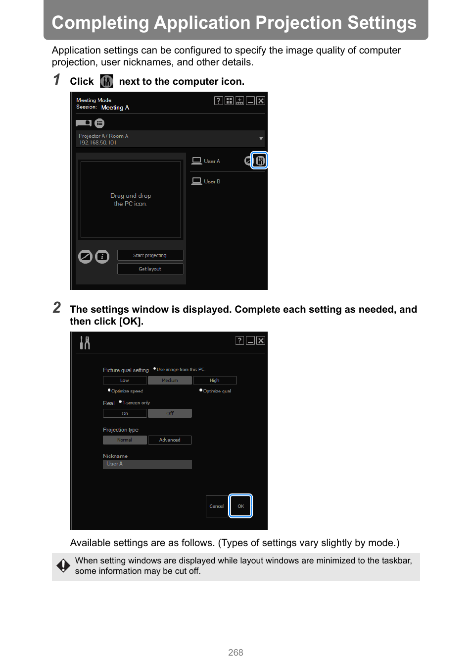 Completing application projection settings, P268 | Canon XEED WUX450 User Manual | Page 268 / 308