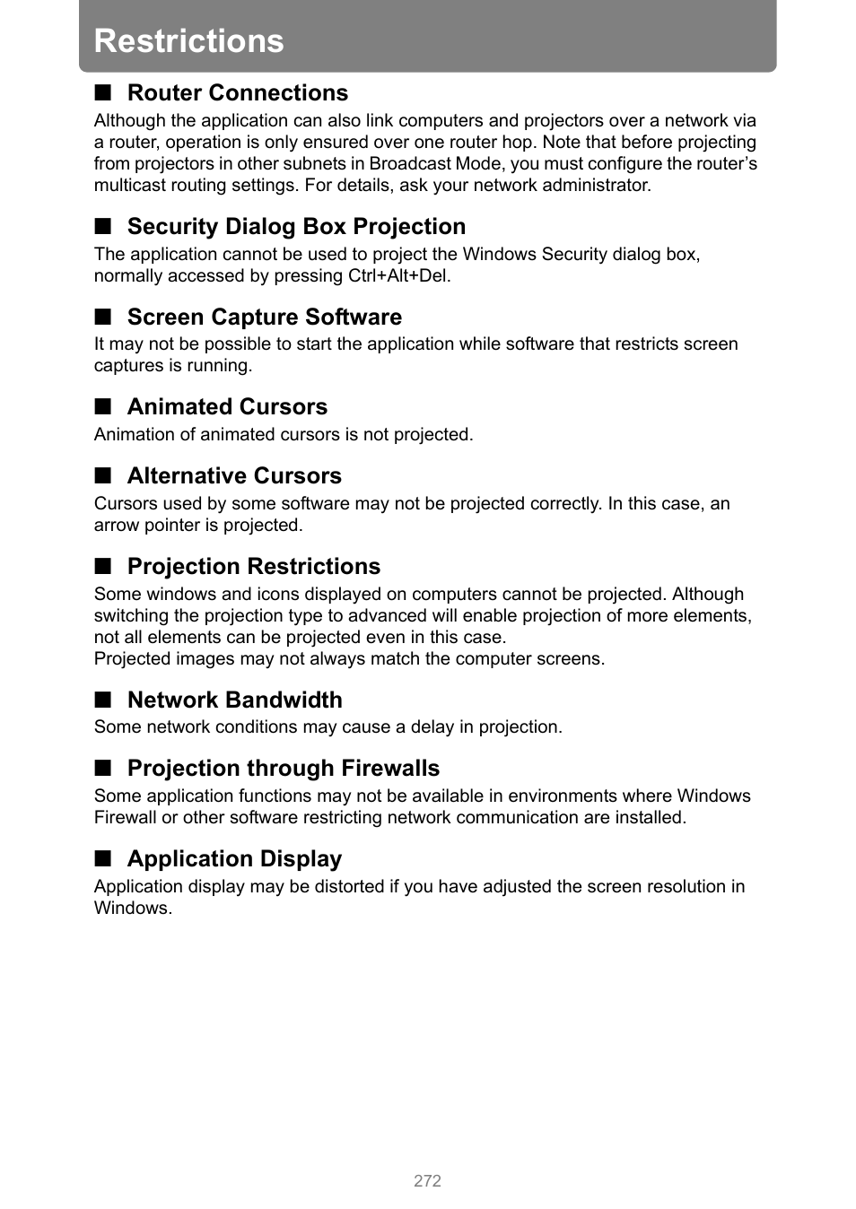 Restrictions, Router connections, Security dialog box projection | Screen capture software, Animated cursors, Alternative cursors, Projection restrictions, Network bandwidth, Projection through firewalls, Application display | Canon XEED WUX450 User Manual | Page 272 / 308