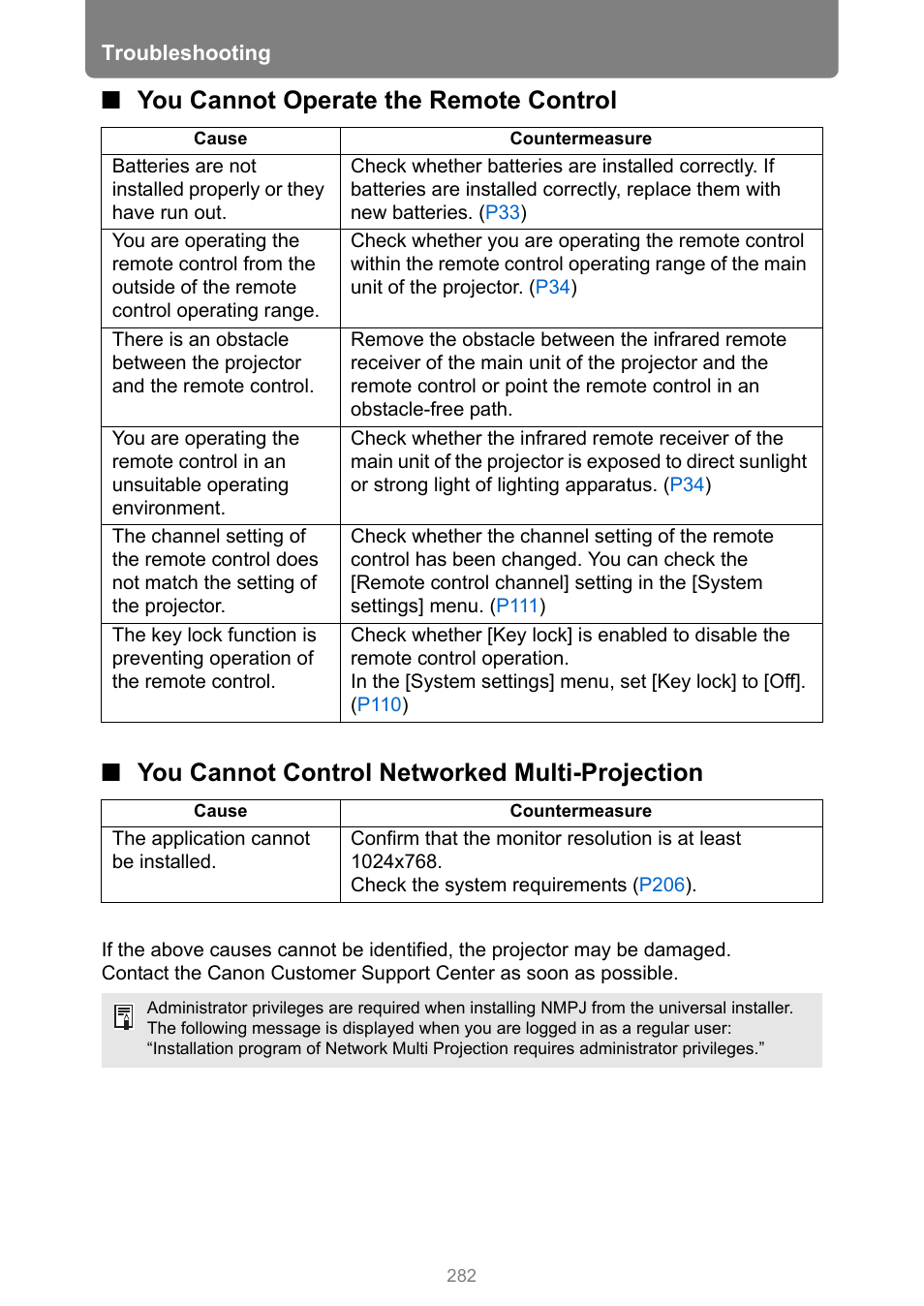 You cannot operate the remote control, You cannot control networked multi-projection | Canon XEED WUX450 User Manual | Page 282 / 308