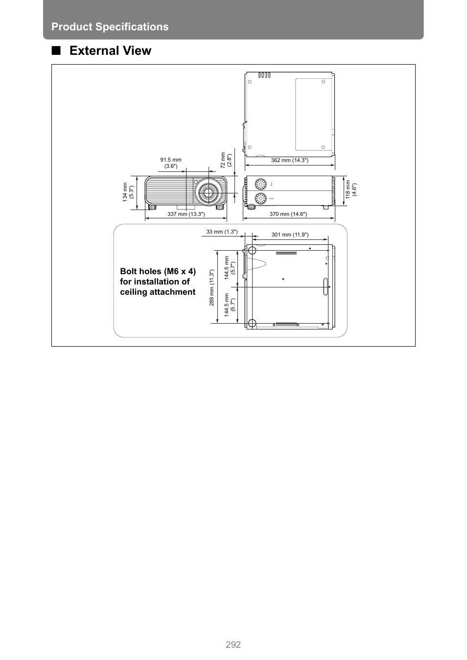External view, P292, Product specifications | Canon XEED WUX450 User Manual | Page 292 / 308