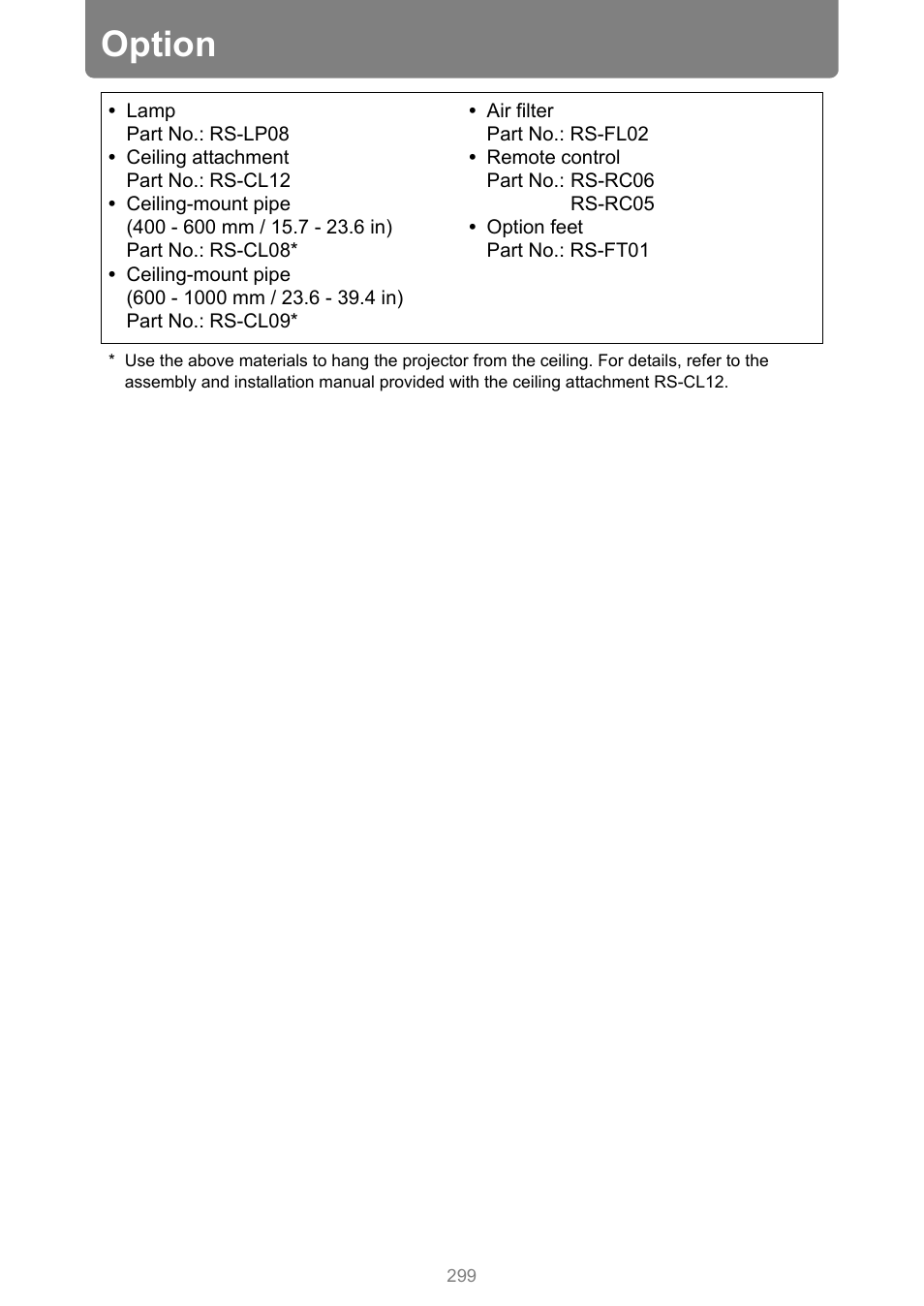 Option, P299 | Canon XEED WUX450 User Manual | Page 299 / 308