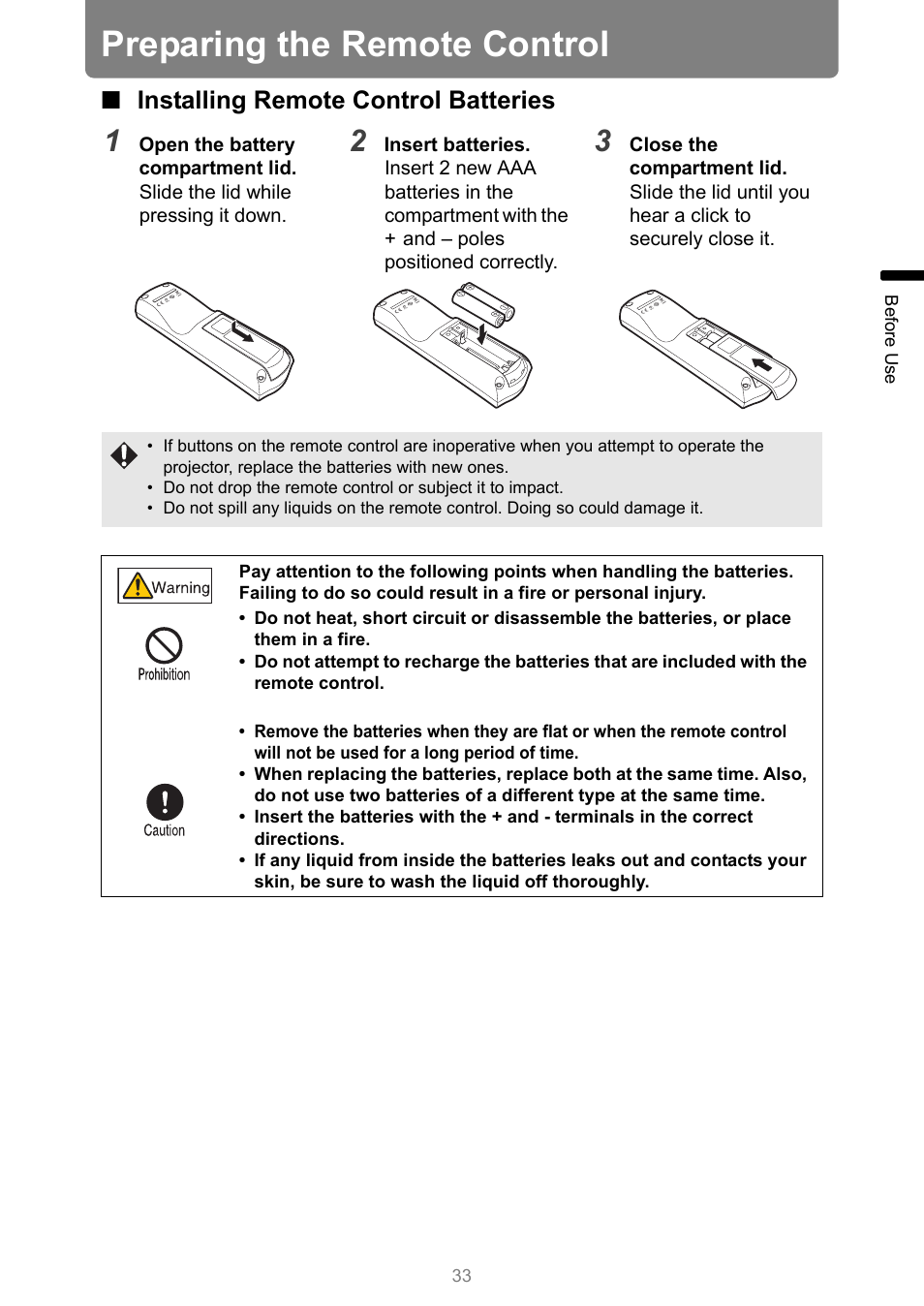Preparing the remote control, Installing remote control batteries | Canon XEED WUX450 User Manual | Page 33 / 308