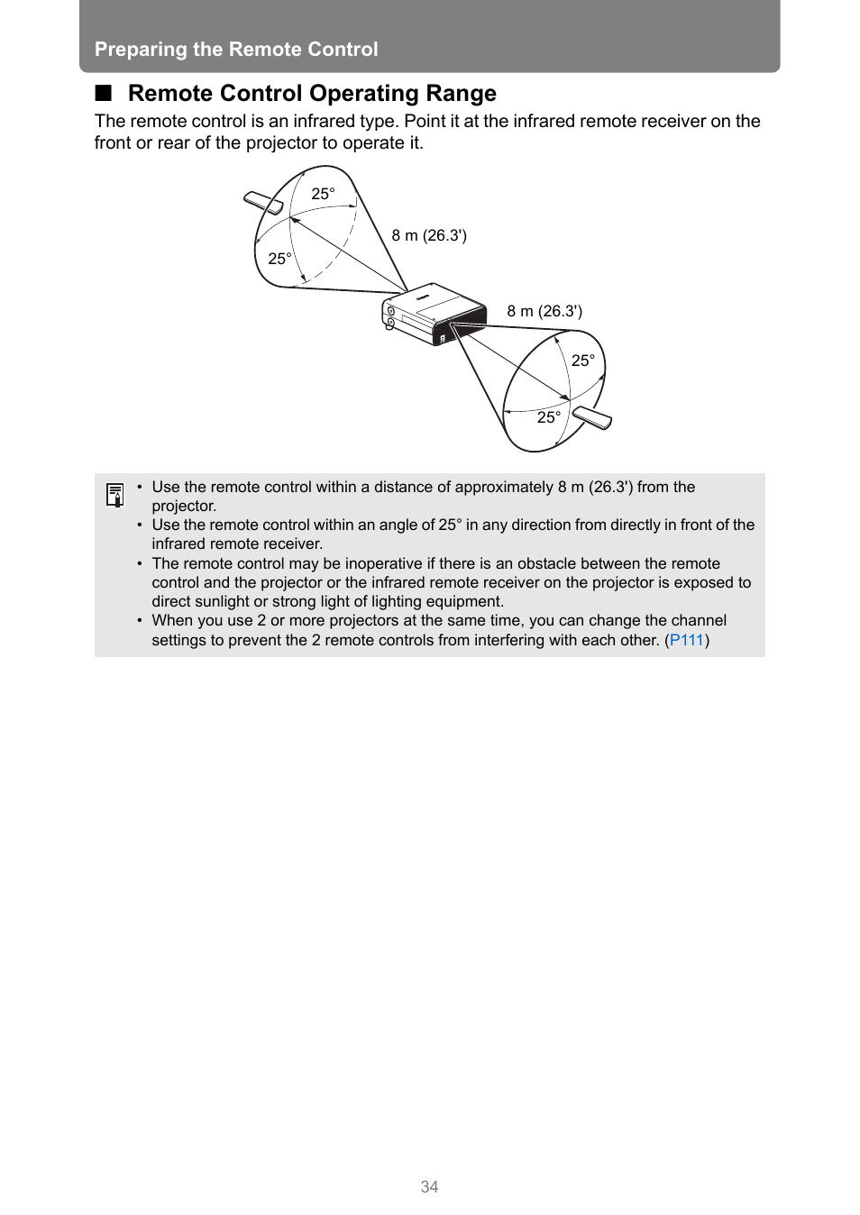 Remote control operating range, Preparing the remote control | Canon XEED WUX450 User Manual | Page 34 / 308