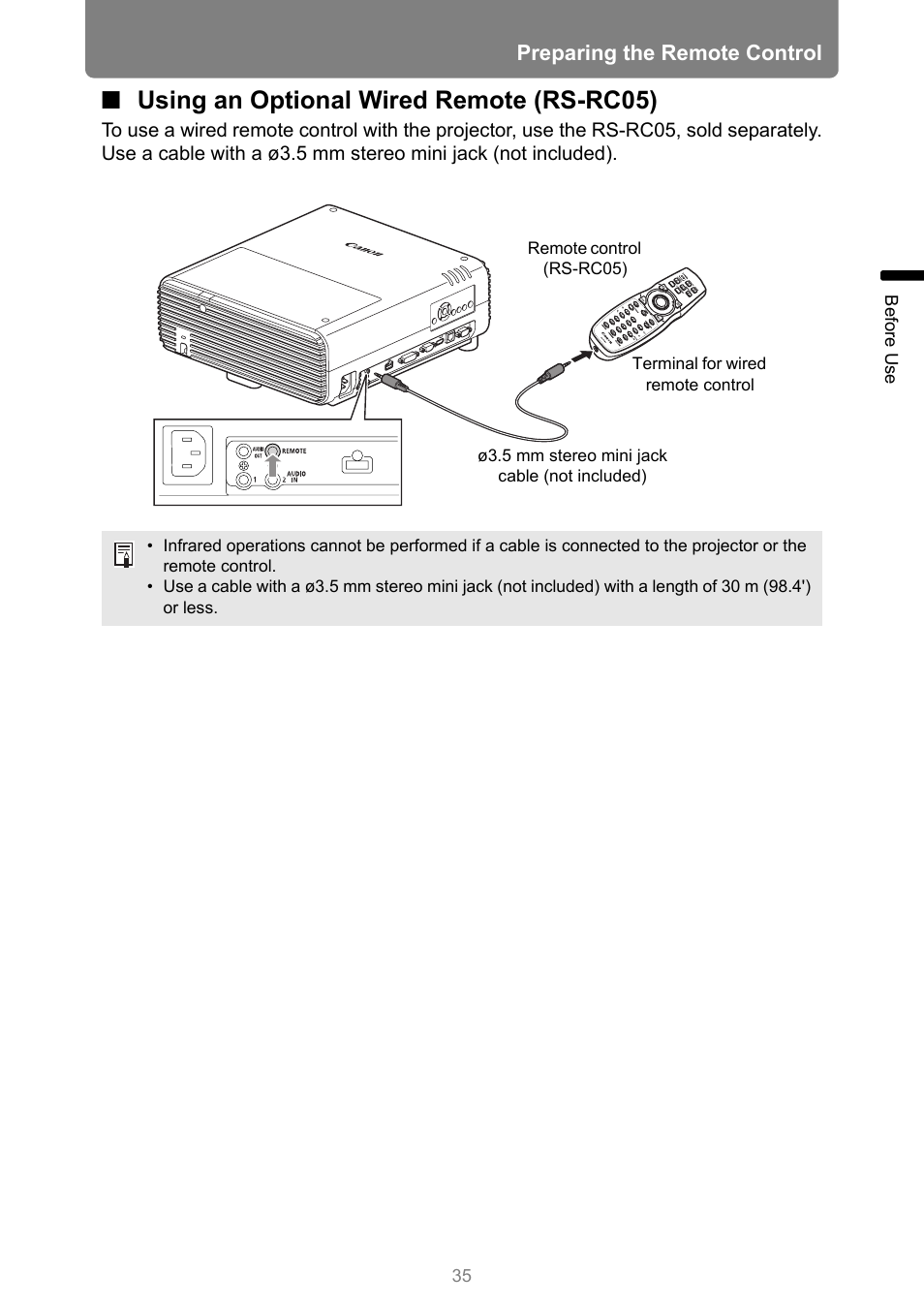 Using an optional wired remote (rs-rc05), Preparing the remote control | Canon XEED WUX450 User Manual | Page 35 / 308
