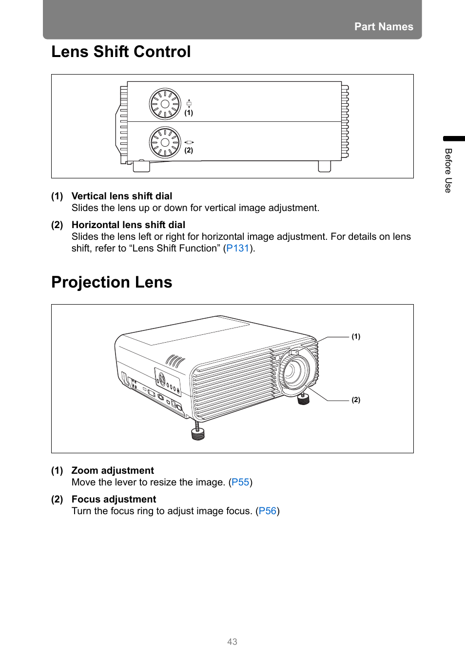 Lens shift control, Projection lens | Canon XEED WUX450 User Manual | Page 43 / 308