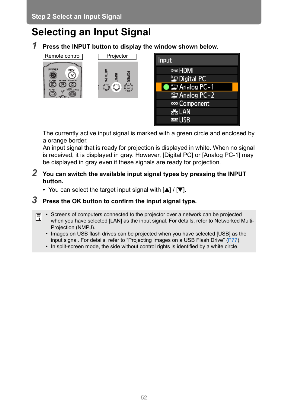 Selecting an input signal | Canon XEED WUX450 User Manual | Page 52 / 308