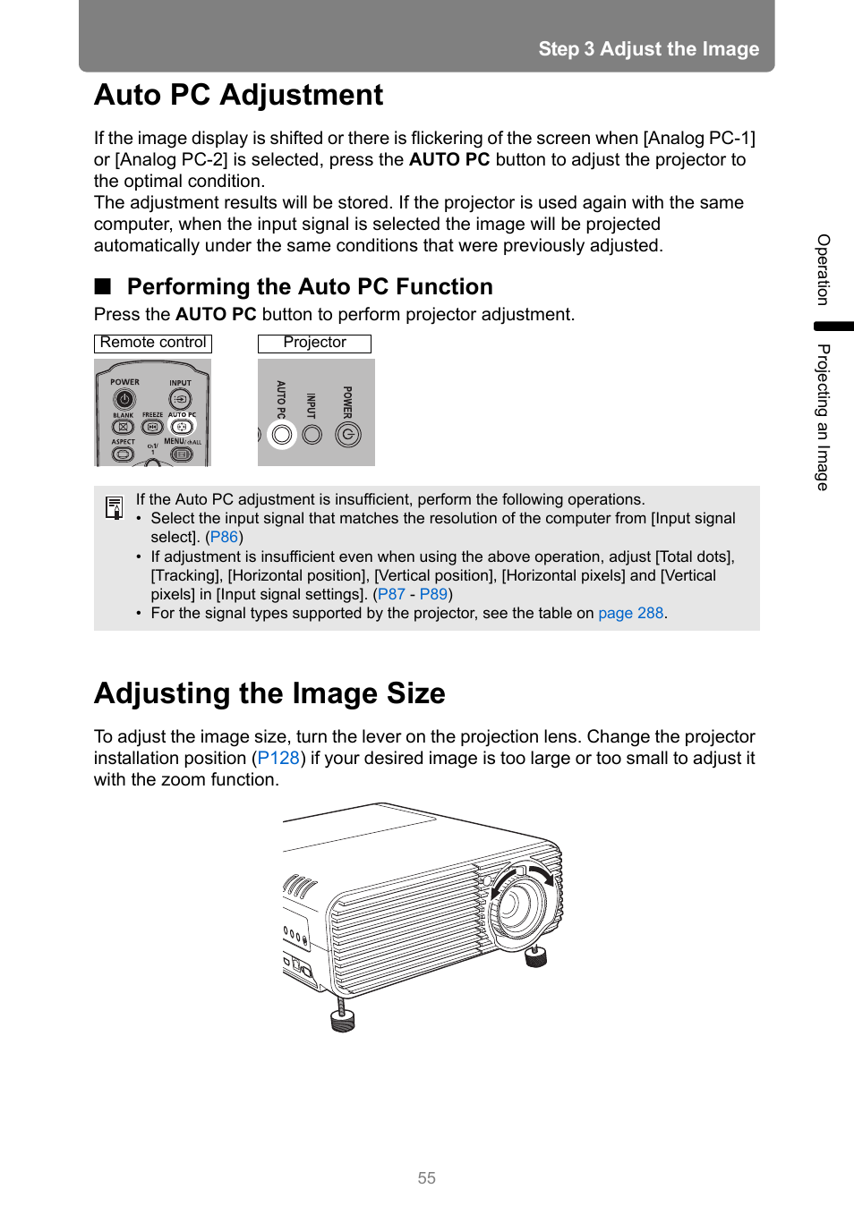 Auto pc adjustment, Performing the auto pc function, Adjusting the image size | O pc button | Canon XEED WUX450 User Manual | Page 55 / 308