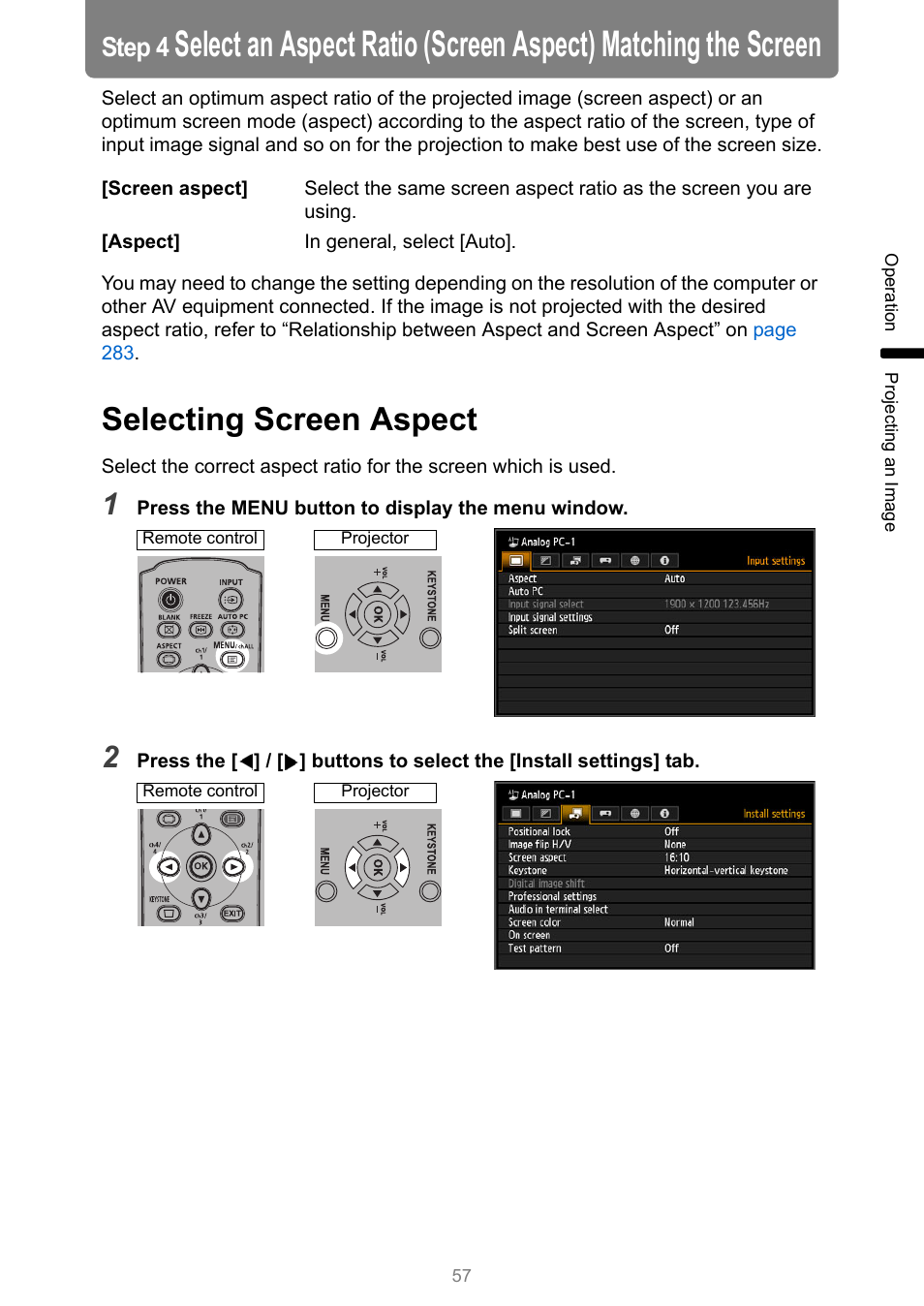 Selecting screen aspect, Step 4 | Canon XEED WUX450 User Manual | Page 57 / 308