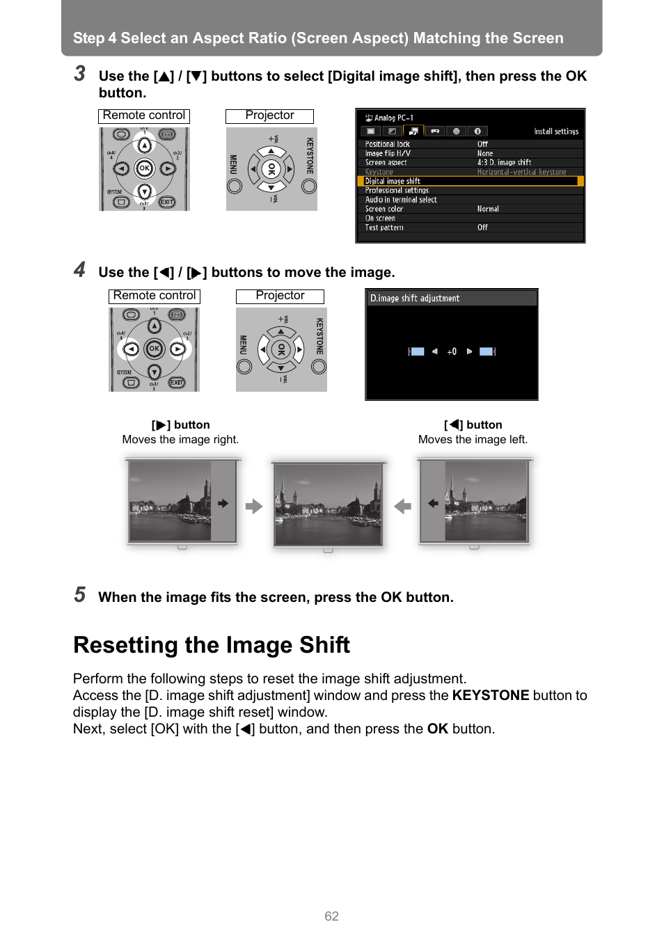Resetting the image shift | Canon XEED WUX450 User Manual | Page 62 / 308