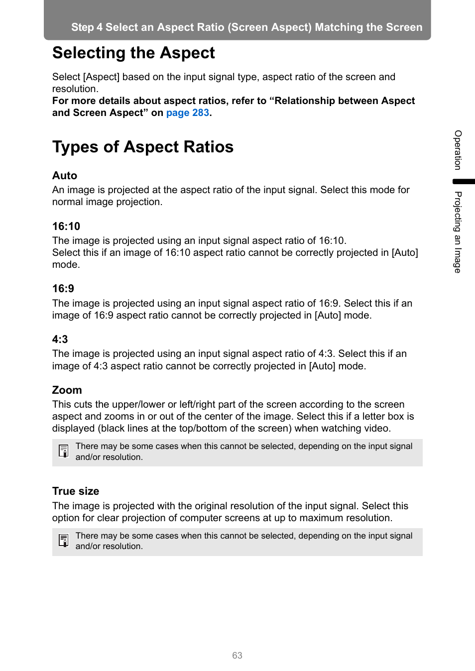Selecting the aspect, Types of aspect ratios | Canon XEED WUX450 User Manual | Page 63 / 308